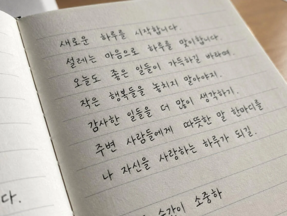 Handgeschriebene koreanische Sätze in einem Notizbuch – Hangul lesen und schreiben.