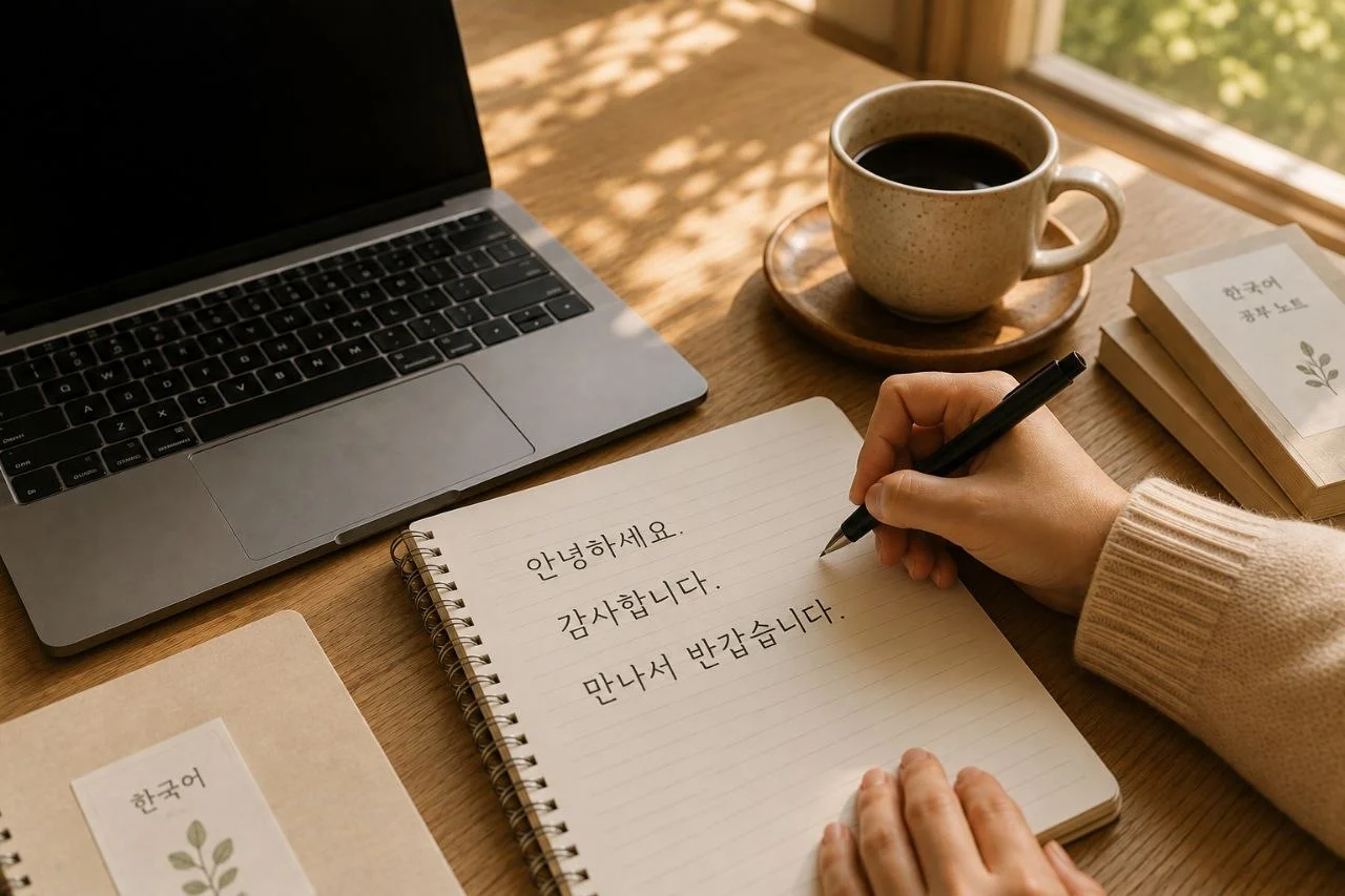Aufgeschlagenes Notizbuch mit koreanischen Vokabeln und Grammatiknotizen neben einem Laptop.