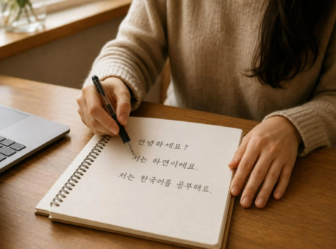 Hayeon schreibt koreanische Sätze in ein Notizbuch: „Annyeonghaseyo? Ich bin Hayeon.“