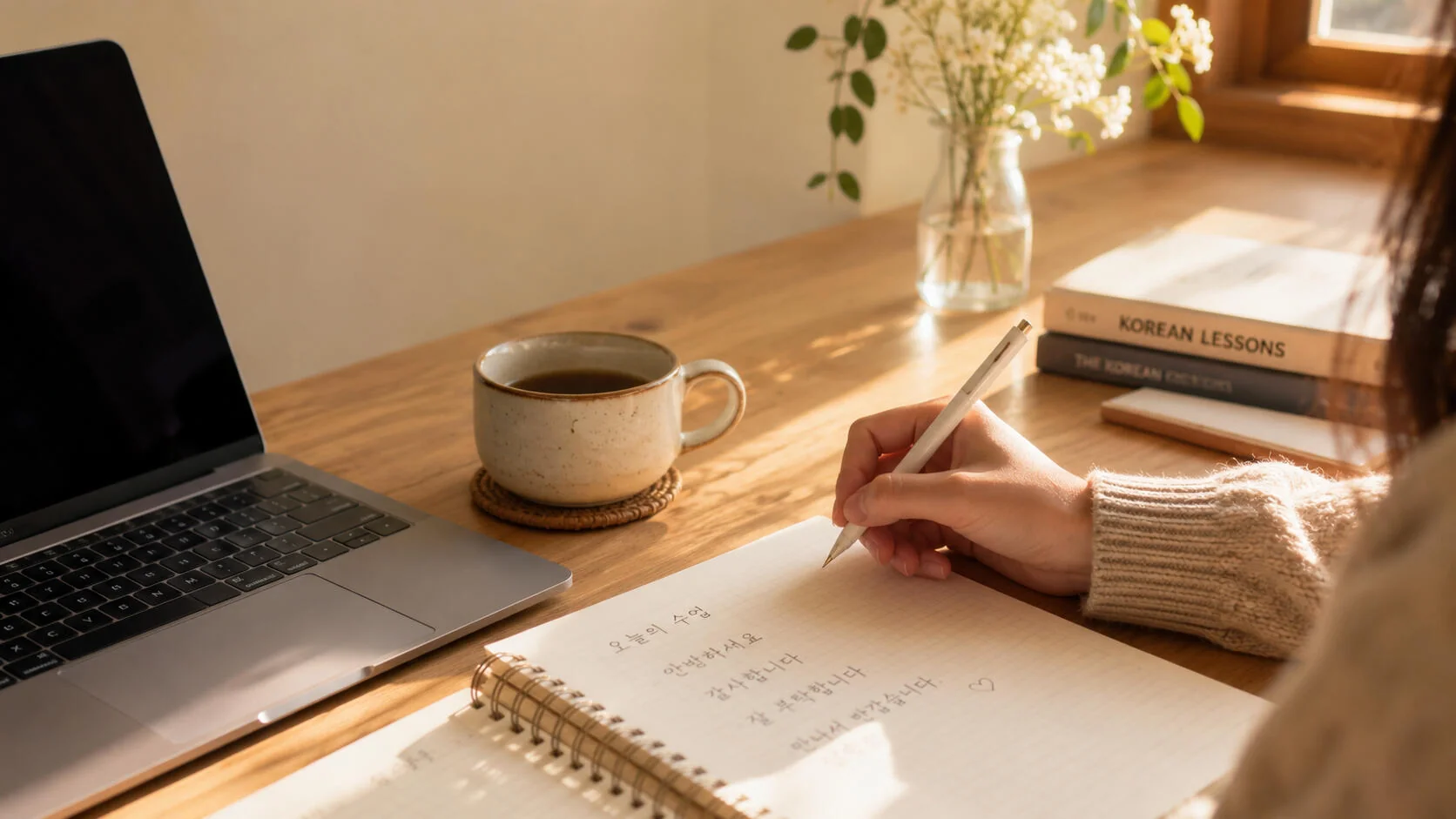 Schreibtisch mit Laptop, Kaffeetasse und einem Notizbuch, in das koreanische Begrüßungssätze in Hangul geschrieben werden.
